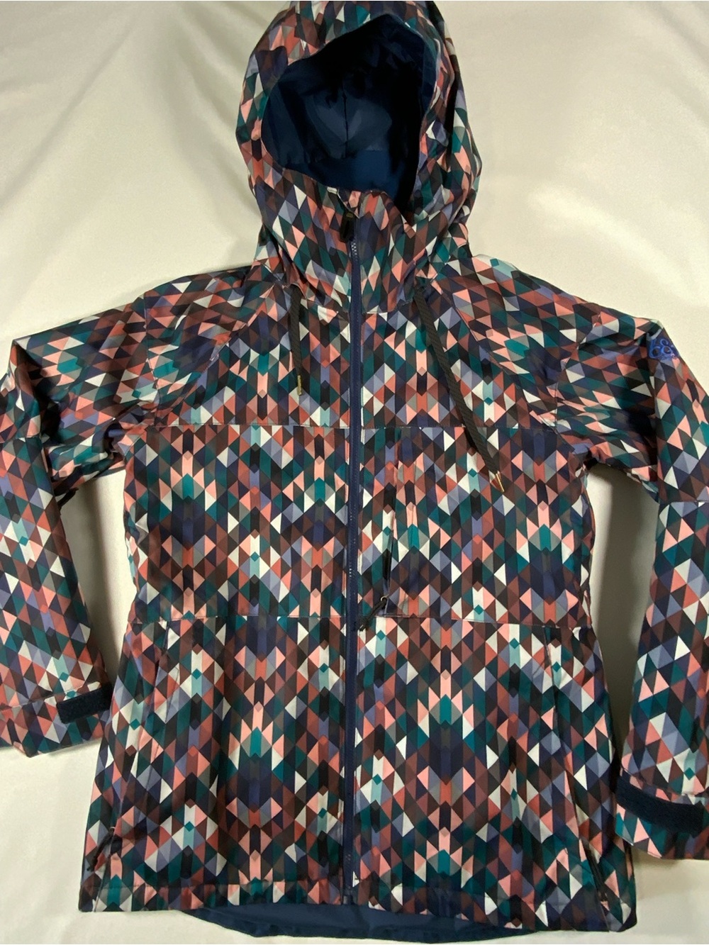 686 Womens Hooded Geometric Raincoat - Navy, Teal & Pink